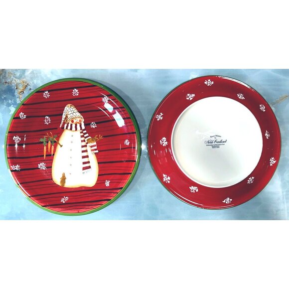 Noble Excellence Snowmates Holiday Plate Set Snowman Design Earthenware Red Gree - Picture 2 of 9